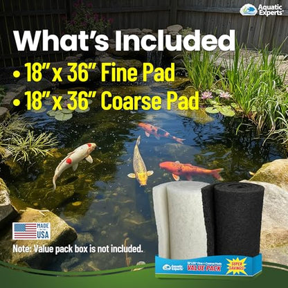 Aquatic Experts Classic Koi Pond Filter Pad Bundle – Fine & Coarse Bulk Roll Pond Filter Media, Ultra Durable Reusable Fish Pond Filter Material (Fine: 18" x 36", Coarse: 18" x 36") - size: 18” x 36”