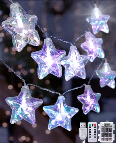 AceList 20 LED Star String Lights, 10ft Iridescent Star Lights with Remote, IP44 Waterproof, 8 Modes USB or Battery Operated Fairy Lights for Bedroom, Christmas, Party Decor (White) - color: White
