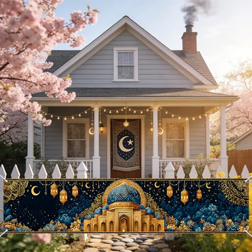 Nuxovilar Ramadan Mubarak Mosque Lantern Banner Polyester 17.72×78.74inches - Ramadan Mubarak banner for Mosque, Event, Outdoor Decor - color: hd13426