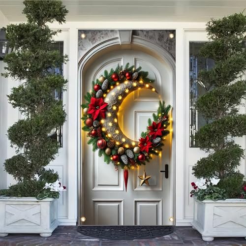 christmas moon door cover banner 71x35 inch red gold pine lighted holiday decor front door winter festive home indoor outdoor decoration - color: Style 5