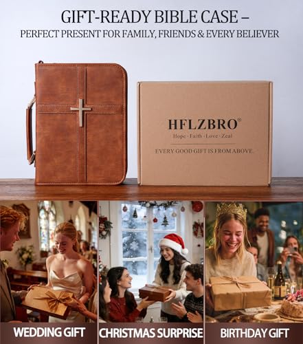 Vegan Leather Bible Cover Case, Bible Bag with Phone Pocket, Bible Case for Men Women, Christian Gift Box Packaging (Brown - with Strap) - color: Brown - With Strap
