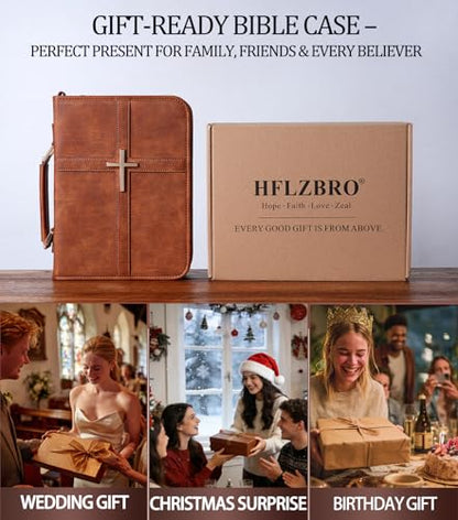 Vegan Leather Bible Cover Case, Bible Bag with Phone Pocket, Bible Case for Men Women, Christian Gift Box Packaging (Brown - with Strap) - color: Brown - With Strap