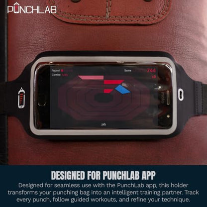 Boxing Phone Holder for Punching Bag – Heavy Bag Strap Mount with Punch Tracker, Fits All Hanging & Freestanding Bags, Works with PunchLab App (Free App Included)