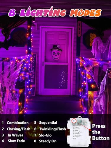 2 Pack 200 LED Battery Operated Halloween Lights, 8 Modes String Lights - color: Orange and Purple, size: 2PK(100LED)