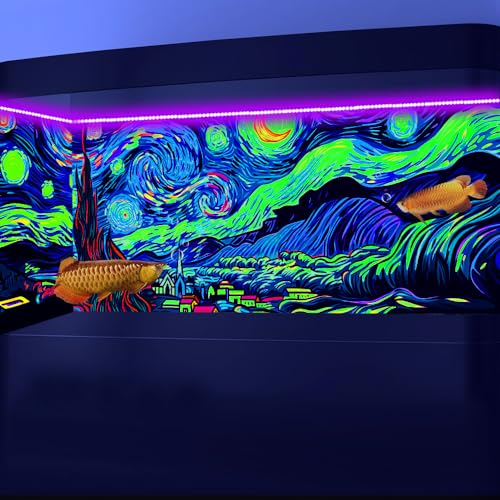 36X24IN Blacklight Vincent Van Gogh Black Light Aquarium Background, UV Fish Tank Background Art Star Oil Painting Terrarium Background with 10 EVA Double-Sided Tape - size: 36X24in/90X60cm