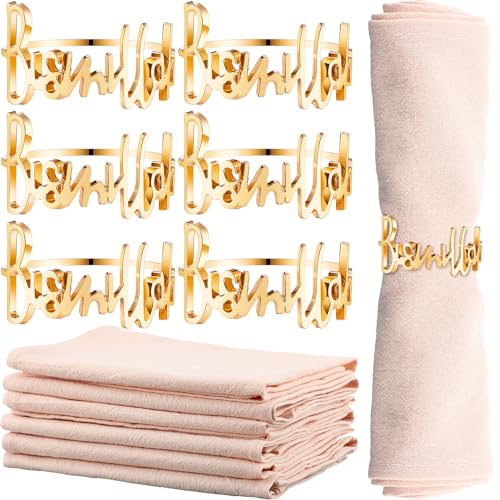 12 6 Set Gold Napkin Rings and Cotton Napkins Bismillah Letter Metal Napkin Buckles Dinner Cloth Napkins Muslim Table Decoration for Ramadan Party Islamic Holiday (Beige) - color: Beige