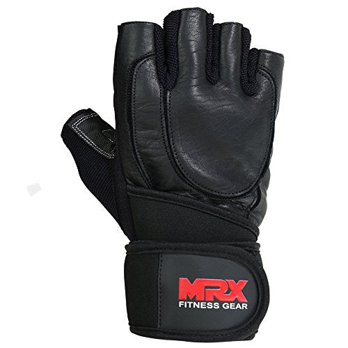 MRX Weight Lifting Pro Level Gloves with 18 Inches Long Wrist Strap Gym Workout Exercise & Fitness in - color: Black/Leather, size: XX-Large