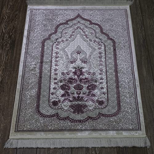 Modefa Turkish Islamic Velvet Prayer Rug - Prayer Mat Carpet for Men and Women - Traditional Muslim Janamaz Sajada - Ramadan or Eid Gift - with Car Hanger - Luxury Winter Rose (Pink/Gray) - color: Pink / Gray