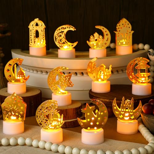 Aurelema 24Pcs Ramadan Mubarak Flameless LED Candles Lights Eid Mubarak Candle Star Moon Battery Operated Lamp Electric LED Muslim Ramadan Night Light Gift for Eid Home Table Party Supplies(Assorted)