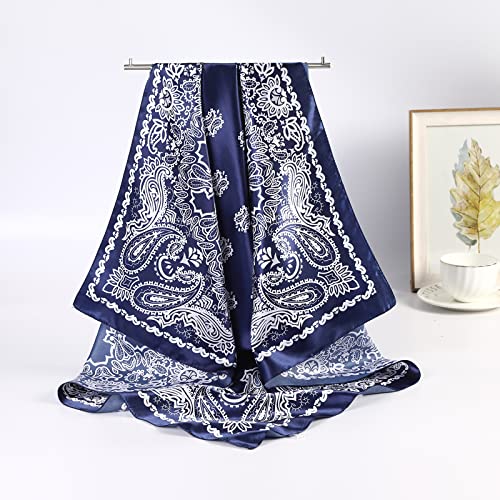 AWAYTR 35” Large Satin Square Head Scarf - 2Pcs Silk Like Floral Head Scarves Square Satin Hair Scarf Bandanas for Women - color: Cashews (Coffee+navy)