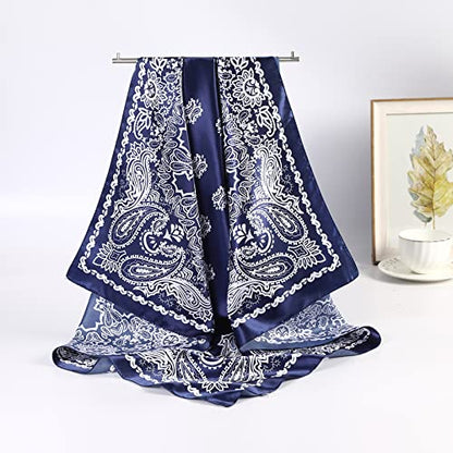 AWAYTR 35” Large Satin Square Head Scarf - 2Pcs Silk Like Floral Head Scarves Square Satin Hair Scarf Bandanas for Women - color: Cashews (Coffee+navy)