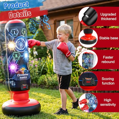 Kids Punching Bag with Gloves, Inflatable Boxing Set with Scoring, Lights & Music, 4 Game Modes, Freestanding Electronic Boxing Bag, Interactive Training Set Birthday Gift for Boys Girls Ages 4-12