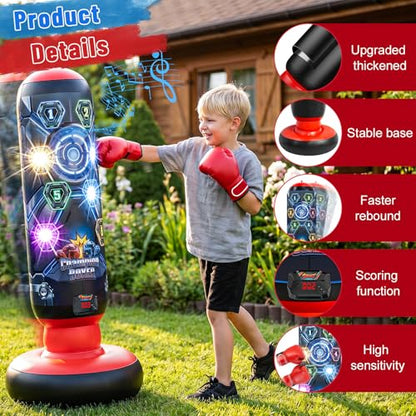 Kids Punching Bag with Gloves, Inflatable Boxing Set with Scoring, Lights & Music, 4 Game Modes, Freestanding Electronic Boxing Bag, Interactive Training Set Birthday Gift for Boys Girls Ages 4-12