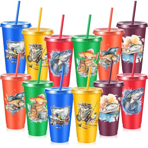 Chuangdi 12 Pcs Fishing Cups with Lid Straw 24oz Party Decorations, Fishing | Reusable Plastic Fishing Tumblers with Lid and Straw, Fishing Birthday Party Decorations, Fishing Gift for Fathers Men - style: Fishing