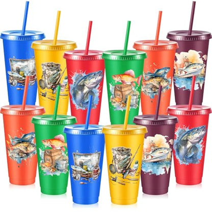 Chuangdi 12 Pcs Fishing Cups with Lid Straw 24oz Party Decorations, Fishing | Reusable Plastic Fishing Tumblers with Lid and Straw, Fishing Birthday Party Decorations, Fishing Gift for Fathers Men - style: Fishing