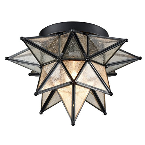 DAYCENT Moravian Star Light Flush Mount with Seeded Glass Shade - color: Black, size: 12.7-In