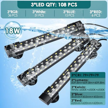 hygger Dual-Channel Controller Submersible Aquarium LED Light, 24/7 Mode Full Spectrum Hidden Fish Tank Light with 3 Rows Beads 7 Colors Auto On Off, Adjustable Timer Brightness (3)