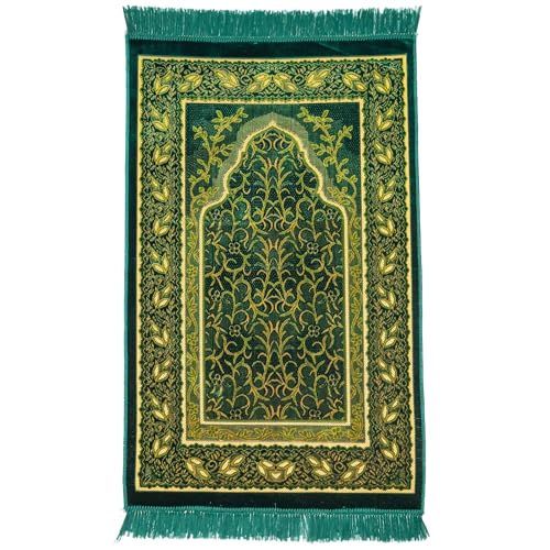 Muslim Prayer Rug, Soft Plush Thin Islamic Prayer Mat, Janamaz, Sajada, Praying Carpet, Islamic Gift, Foldable Portable Turkish Prayer Mat for Men&Women, Lightweight Travel Prayer Rug, 26"x43" - color: Jeddah / Darkgreen2