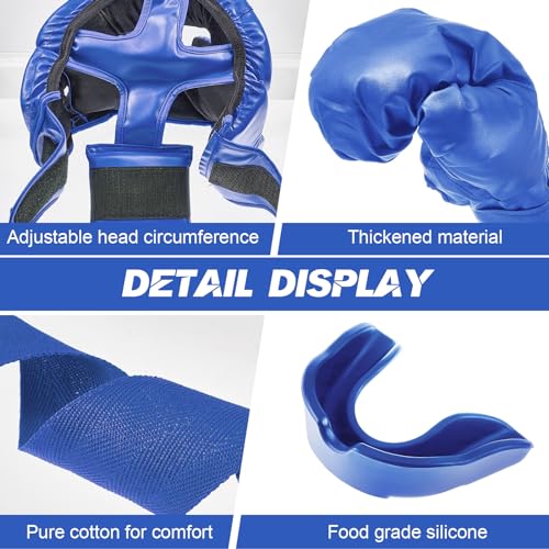 Kanayu 14 Pcs Boxing Gloves and Headgear Set for Beginners Youth 16 Ounce Boxing Gloves Headgear Helmet Hand Wraps Mouth Guards Equipment for Beginners Training Equipment Gifts - color: Blue, White