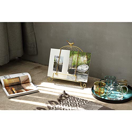 Jemeni Cookbook Stand for Kitchen, A Recipe Easel is Metal Birdcage Shaped | Metal Cookbook Stand with 2 Weighted Chains, Gold
