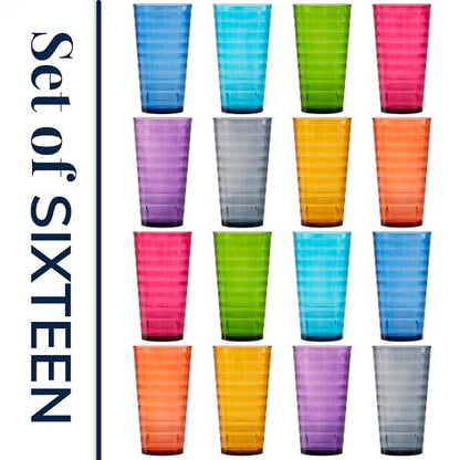 US Acrylic Splash [Set of 16] 18 ounce Plastic Stackable Water Tumblers in Jewel Tone Colors Value Set of Drinking Cups, Reusable, BPA-free, Made in the USA, Top-rack Dishwasher Safe - color: Jewel Tone