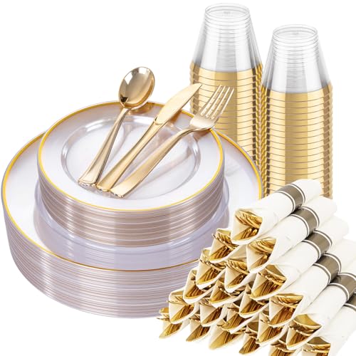 SUT 175 Pcs Gold and Clear Plastic Dinnerware Set for 25 Guests, Include: 25 Dinner Plates, 25 Dessert Plates, 25 Pre Rolled Napkins With Silverware, 25 Cups, Disposable Plates for Party, Wedding - color: Clear Gold, size: 175PCS