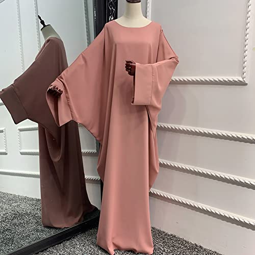 Muslim Dress for Women Pakistani Kaftan Abaya Robe + Hijab Arabic Islamic Prayer Clothes Dubai Outfits - color: Pink Set
