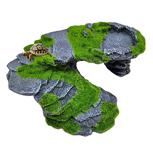 M2cbridge Reptile Hide Resting Step Ledge Cave Hideout Turtle Basking Platform – Great for Reptiles, Amphibians, and Fish (Moss Step Ledge B) - style: Moss Step Ledge B