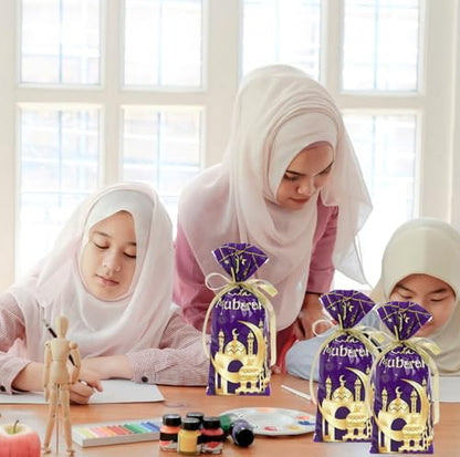 Whaline 100 Pcs Eid Mubarak Cellophane Bags with Ribbon Ramadan Plastic Treat Bags Purple Gold Candy Goodie Bag for Islamic Muslim Party Snack Cookie Packing Supplies - color: Purple Gold