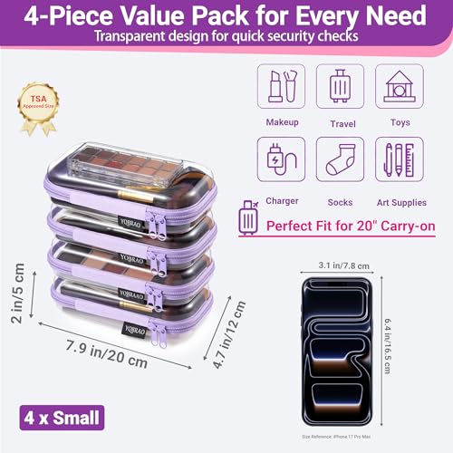 YQBRAO 4-Pack Clear Hard Shell Zipper Case, 1.2mm Ultra-Thick Diaper Bag Organizer Pouches, Rigid Self-Standing Travel Makeup Bags with YKK Zippers, TSA Approved, Purple - color: Purple, size: 4 Pack(S)