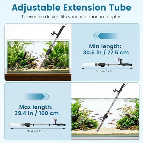 AQQA Electric Aquarium Gravel Cleaner, 6-in-1 Fish Tank Vacuum with Anti-Clog Gravel Barrier, Sand Washer, Water Changer, Filter Bag, Adjustable Flow & Water Circulation, 320GPH for 15+ Gallon Tanks