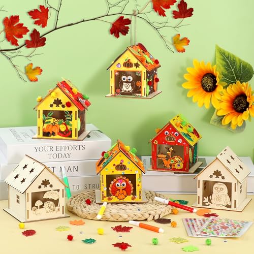 12 Thanksgiving Fall Crafts Wooden House for Boy, Girl & Adult, Fall Activities Kit DIY with Paint Pen Pumpkin Turkey Owl, Thanksgiving Arts and Crafts for Classroom Party Favors & Gift Supplies Bulk - style: Fall Thanksgiving