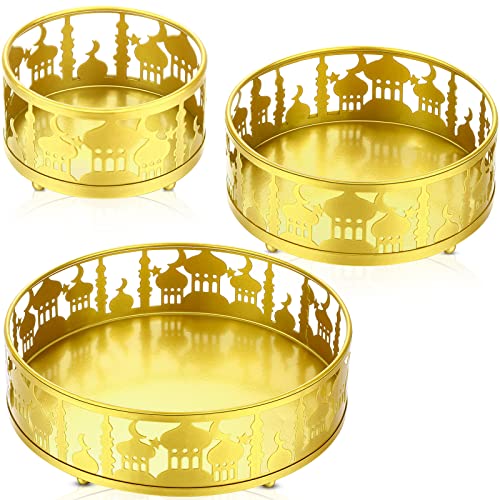 Honeydak 3 Pcs Ramadan Serving Trays Eid Mubarak Round Metal Food Trays Crazy Night Islam Eid Mubarak Plates Food Storage Containers for Eid Islamic Muslim Activity Party Favor, Gold