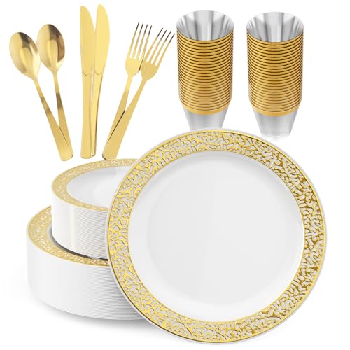 150 Count Gold Plastic Dinnerware Set, Elegant Disposable Include: 25 Gold Lace Plastic Plates, 25 Dessert Plates, 25 Forks, 25 Knives, 25 Spoons, 25 Cup, Ideal for Party, Birthday and Thanksgiving