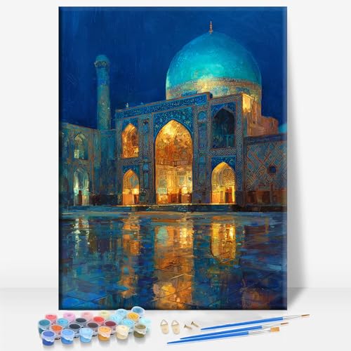 Aeontinity Blue Mosque Islam Framed Canvas DIY Paint by Numbers Kit Bar Cafe Cave Home Room Wall Bathroom Porch Patio Decor Gift, 16 x 12 Inch - color: BLUE MOSQUE - 16 x 12 Inch