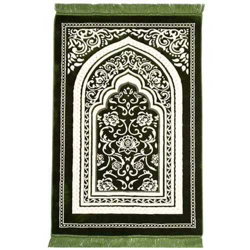 Modefa Turkish Islamic Velvet Prayer Rug - Thick & Wide Soft Praying Carpet for Men & Women - Eid & Ramadan Gift - with Kufi Cap, Beads & Car Hanger - Double Plush (Floral Arch - Green) - color: Floral Arch - Green