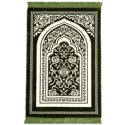 Modefa Turkish Islamic Velvet Prayer Rug - Thick & Wide Soft Praying Carpet for Men & Women - Eid & Ramadan Gift - with Kufi Cap, Beads & Car Hanger - Double Plush (Floral Arch - Green) - color: Floral Arch - Green
