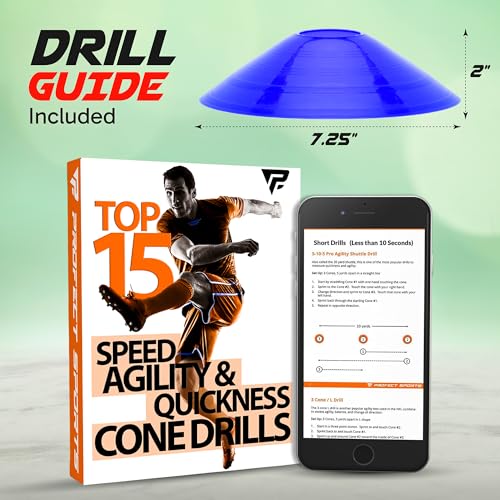 Pro Disc Cones (Set of 50) - Agility Soccer Cones with Carry Bag and Holder for Sports Training, Football, Basketball, Coaching, Practice Equipment, Kids - Includes 15 Best Cone Drills Book - color: Bright Orange