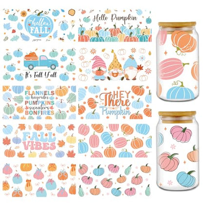 Rngmsi Fall UV DTF Stickers - 10 Sheets Blue Autumn UV DTF Cup Wraps for 16 oz Glass, Gnome Pumpkin Car Maple Leaf Rub on Transfer Stickers, Waterproof Uvdtf Decals for Water Bottle, DIY Fall Crafts - style: Fall Maple Leaf