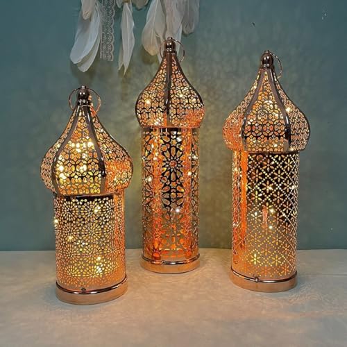 for Moroccan Golden Hollow Iron Lantern for Ramadan Home Decoration, Battery-Operated Light Ornament for Eid, Weddings, Festivals, Tabletop Use, Gold