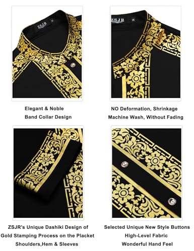 Mens African 2 Piece Set Nigerian Dashiki Metallic Traditional Suit Gold Stamp Printed Shirt and Pants Outfit - color: Black, size: XX-Large
