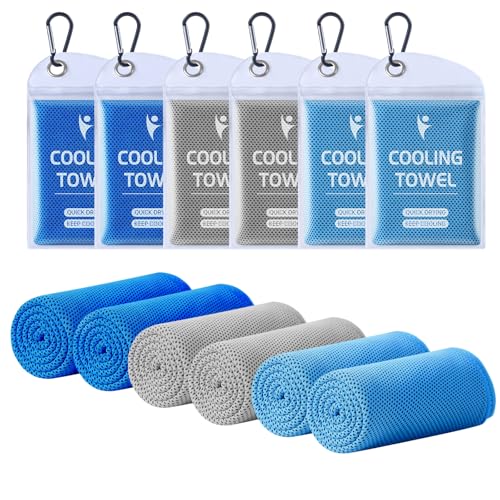 Clothirily 6 Pack Cooling Towels, 40x12 Breathable Gym Towel for Neck Face | 6 Pack Set, Instant Cooling Effect, Breathable Microfiber, For Gym Yoga Camping Running, Quick-Dry&Reusable, Fits Neck&Face - color: 2 Dark Blue/2 Light Blue/2 Dark Grey