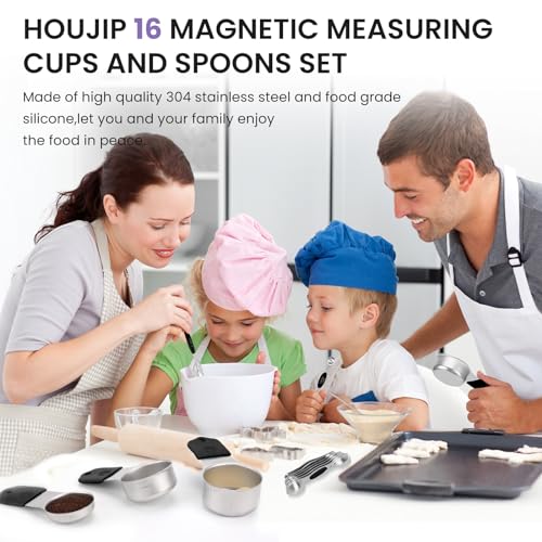 Magnetic Measuring Cups and Spoons Set-Heavy Duty 304 Stainless Steel | Double Measurement Markings,BPA-Free,Set of 16 with Leveler for Measuring Dry and Liquid Ingredients(Black) - color: Black