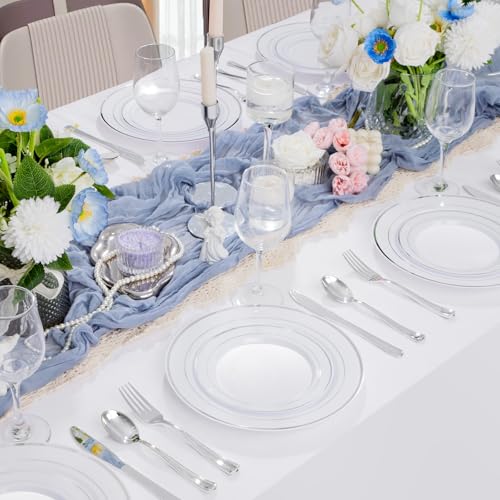 Supernal 102pcs White and Silver Plastic Plates Disaposable Party Plates White Silver Rim Heavy Duty Fancy Silver Plastic Dinnerware Set included 51 Dinner & Dessert Plates for Valentine's Day - color: 102pcs White and Silver Plastic Plates