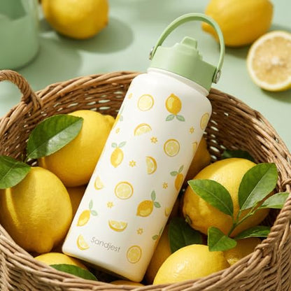 Lemon Water Bottle Stainless Steel 32oz with Lid & Straw, Insulated Bottles Gifts for Women Girls Friends Teens Birthday Christmas - color: Lemon