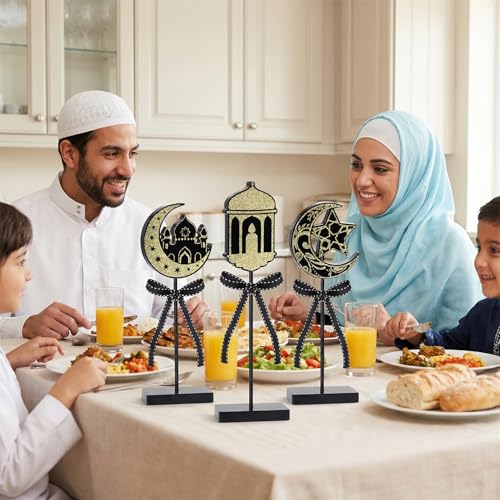 cnomg Eid Mubarak Decorations Wooden Table Centerpiece Ramadan Wooden Tabletop Signs for Tiered Tray Mantel Party Decor