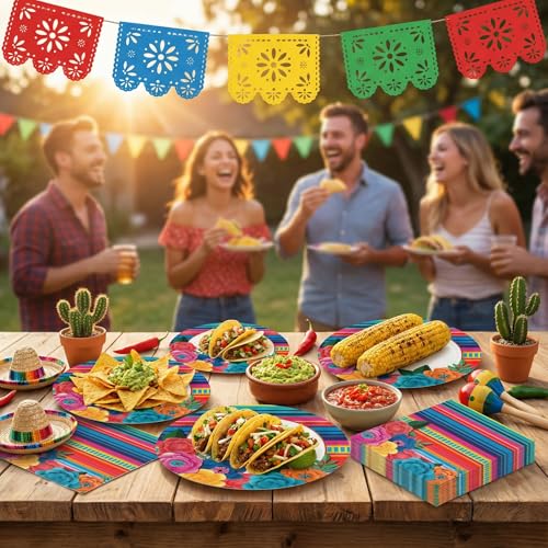 Dereinwo 50 Pcs Fiesta Large 12" x 10" Oval Paper Plates and Napkins Disposable Heavy Duty Paper Plates and Napkins for Cinco De Mayo Party Supplies - style: Cinco De Mayo