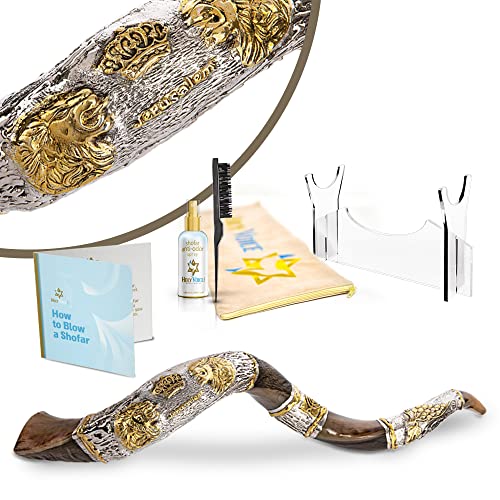 Holy Voice Sterling Silver-Plated 36"-39" Lion of Juda Decorative Kudu Shofar Horn from Israel with Stand, Carrying Bag and Cleaning Brush - color: Lion of Juda, size: 36"-39"