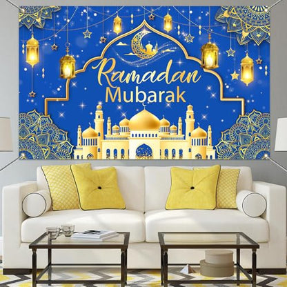 Mocsicka Ramadan Mubarak Banner Backdrop for Muslim Ramadan Kareem, Eid al-Fitr and Eid al-Adha (Blue and Gold, 70.8x43.3 inch, Polyester) - color: Blue and Gold