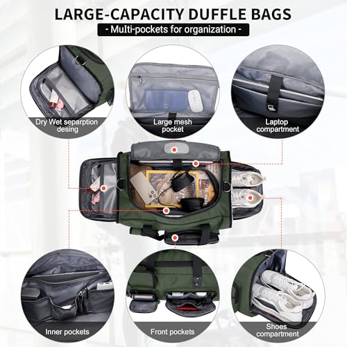 WITZMAN Travel Duffel Bags for Men Large Carry On Weekender Overnight Bag 3 in 1 Backpack with Shoe Compartment (B693 Army Green） - color: Army Green